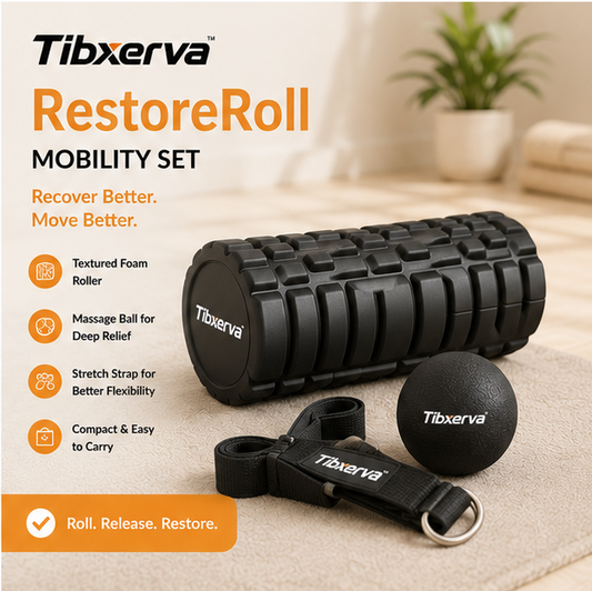 Tibxerva™ RestoreRoll Mobility Set — Textured Foam Roller, Massage Ball & Stretch Strap Kit